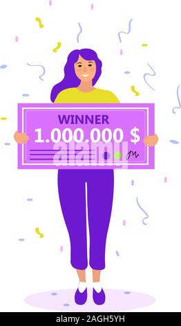 Ragazza con un milione di dollari di controllare. Raffle vincitore, il concetto di una lotteria. Appartamento moderno illustrazione. Vettore Illustrazione Vettoriale