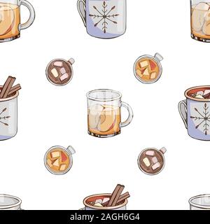 Vector seamless pattern con calde bevande invernali isolato su bianco. Stampa di natale con bevande. Texture in blu e arancione. Cioccolata calda Illustrazione Vettoriale