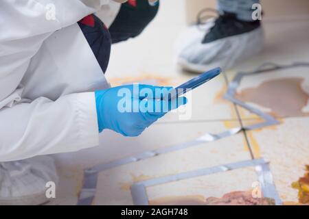 I tecnici forensi prendendo campioni di DNA da sangue la macchia con un batuffolo di cotone su omicidio scena del crimine. Esperto di criminologia di raccolta delle prove il crimine Foto Stock