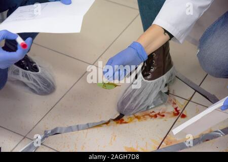 I tecnici forensi prendendo campioni di DNA da sangue la macchia con un batuffolo di cotone su omicidio scena del crimine. Esperto di criminologia di raccolta delle prove il crimine Foto Stock