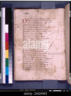 Elencati in de Ricci, Seymour, il censimento di medievale e rinascimentale, manoscritti negli Stati Uniti e in Canada. New York. N.Y.: H.W. Wilson, 1935; e il supplemento, New York, N.Y.: Società Bibliografica dell'America, 1962. Proprietà : Firma di Jno. Onion sul risguardo del libretto; dono del donatore sconosciuto, 1935. De Ricci, Supplemento, 329. Grafico dal dottor G.B. Valutazione. Biblioteca dossier, specialmente le note di Victor Palsits. f. 1 è un indicatore numerico su pergamena. Rimanenti 13 folio sono su carta. 28 linee lunghe, governato in pen. Carta di tre righe iniziali rosso nella parte superiore di ogni pagina. Il dott. Valutazione la tabella dice all inizio del XV secolo? Vellu Foto Stock