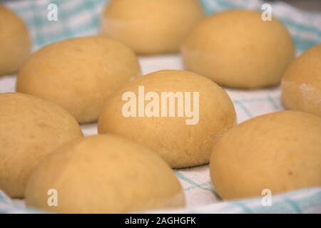 Aumentata la pasta lievitata sfere sul tessuto per realizzare in casa originale austriaco ciambelle di carnevale cosiddetto Faschingskrapfen o Berliner Foto Stock