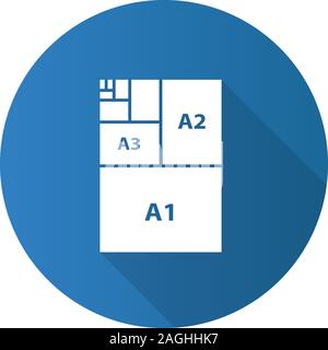 Le dimensioni della carta design piatto lungo ombra glifo icona. Foglio di carta formati. A3,A1,A2. Vettore illustrazione silhouette Illustrazione Vettoriale