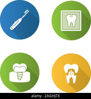 Odontoiatria design piatto lungo ombra glifo set di icone. Spazzolino da denti elettrico, denti x-ray, impianto stomatologico, la corona dentale. Vettore illustra silhouette Illustrazione Vettoriale