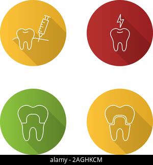 Odontoiatria lineare piana lunga ombra set di icone. Stomatologia. Iniezione di gomma, la corona dentale, il mal di denti. Vettore illustrazione di contorno Illustrazione Vettoriale