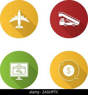 Airport service design piatto lungo ombra glifo set di icone. Aeroplano, stair carrello bagagli, scanner, Dollar Cambio valuta. Silhouette di vettore illustrat Illustrazione Vettoriale