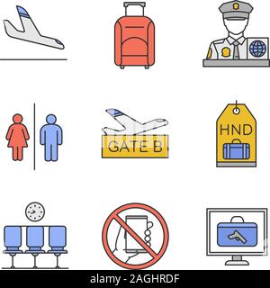 Il servizio Airport colore set di icone. Arrivo in aereo, bagagli, ufficiale, WC, porta di aeroporto, etichetta bagaglio, sala di attesa, telefono divieto, borsa scanner. Isol. Illustrazione Vettoriale