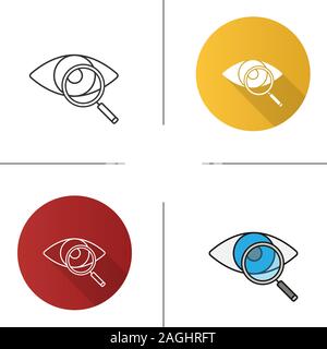Occhio con icona della lente di ingrandimento. Prova dell'occhio. Esame visivo. Design piatto, lineare e stili colore. Isolato illustrazioni vettoriali Illustrazione Vettoriale