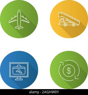 Aeroporto servizio lineare piana lunga ombra set di icone. Aeroplano, stair carrello bagagli, scanner, Dollar Cambio valuta. Vettore illustrazione di contorno Illustrazione Vettoriale