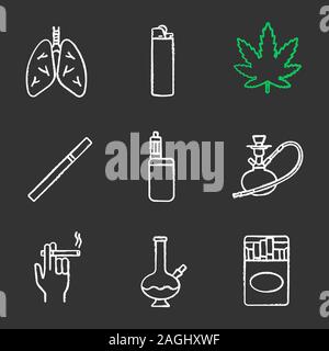 Fumatori chalk set di icone. Polmoni umani, flip più leggeri e foglia di marijuana, sigarette pack, narghilè, fumatore's mano, bong, vape. Vettore isolato lavagna i Illustrazione Vettoriale