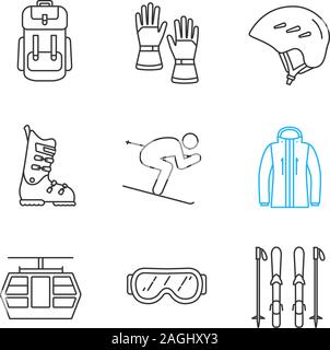 Attività invernali lineare set di icone. Zaino, guanti, occhiali, casco, scarpone da sci, tavole e pali, sciatore, camicia, funicolare. Linea sottile simboli di contorno Illustrazione Vettoriale