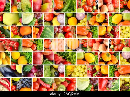 Sullo sfondo dei frutti, verdure e frutti di bosco separate le linee verticali e orizzontali in forma un muro di mattoni Foto Stock