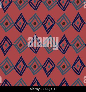 Rombi disegnati a mano astratto forme irregolari seamless pattern. Blu Marrone ripetere lo sfondo per avvolgere, tessile e print design. Illustrazione Vettoriale