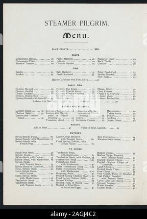 ILLUS: STEAMSHIP PRISCILLA con bandiere e nota il metodo ideale; 13 medaglioni disposti in ovale, ciascuna raffigurante un metodo di trasporto; STREAMER CON NOTA: uno studio nel trasporto; prezzo lista vini, i prezzi quotati per PT e qt; miniature e individui; MENU [detenute da] FALL RIVER LINE [at] VAPORIZZATORE Pellegrino (SS;) Foto Stock