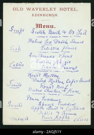 Scritta A MANO IN inchiostro viola; pubblicità per ROSS ROYAL le acque da tavola sul retro; all'interno della cartella, notazione: REC'D. 21 FEB 1901, F.E.B.; MENU [detenute da] Old Waverley Hotel [at] Edimburgo, Scozia (HOTEL;) Foto Stock