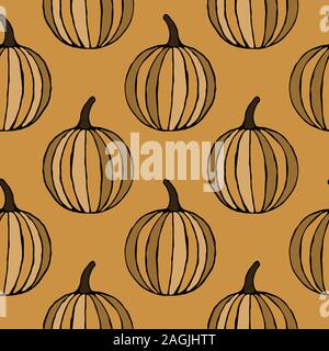 Vector seamless pattern con disegnato a mano le zucche di contorno. Giardino sfondo vegetale. Modello per tessuto, carta da imballaggio, Harvest Festival o Decorazione Halloween Illustrazione Vettoriale
