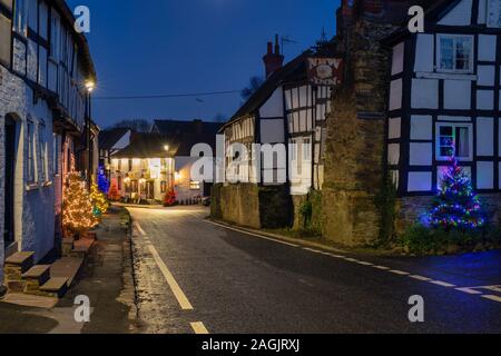 Chritsmas alberi e luci di notte in Pembridge. Herefordshire. Inghilterra Foto Stock