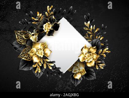 Banner bianco a forma di rombo, decorata con nero e oro Gioielli orchidee con ramoscelli su sfondo a trama. Illustrazione Vettoriale