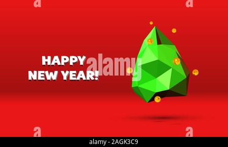 Scheda di Natale con abstract verde a basso poli albero di Natale e golden baubles su sfondo rosso. Illustrazione Vettoriale