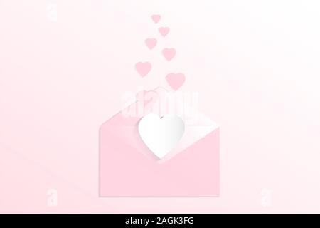 Il giorno di San Valentino concetto dello sfondo. Illustrazione Vettoriale. Bianco e rosa Cuori di carta sul rosa pastello busta su sfondo rosa. Carino amore vendita banner Illustrazione Vettoriale