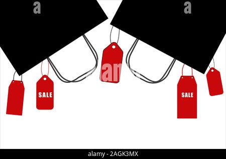 Rosso i cartellini dei prezzi appesi con carta nera shopping bags su sfondo bianco per venerdì nero il concetto di vendita Illustrazione Vettoriale