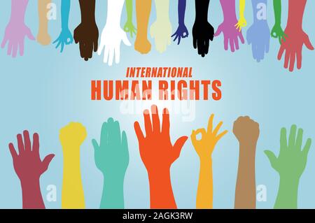 La Giornata Internazionale dei Diritti Umani concetto, vettore Illutrator multi colore mano su sfondo blu Illustrazione Vettoriale