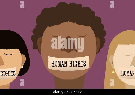 La Giornata Internazionale dei Diritti Umani concetto, vettore Illutrator chiudere l uomo e la donna la bocca con nastro, nessuna voce Illustrazione Vettoriale