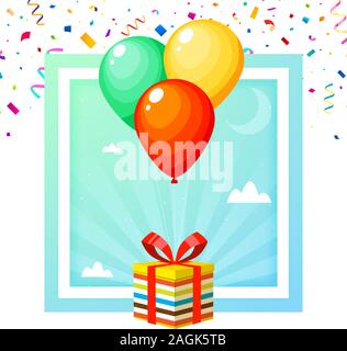 Casella compleanno con tre palloncini ciano su sfondo blu. Illustrazione Vettoriale