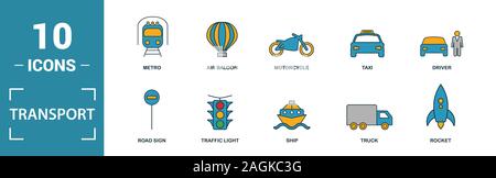 Icona del trasporto set. Includere elementi creativi auto, moto, biciclette, troleibus, taxi icone. Può essere utilizzato per la relazione, presentazione, diagramma, web Foto Stock