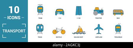 Icona del trasporto set. Includere elementi creativi auto, moto, biciclette, troleibus, taxi icone. Può essere utilizzato per la relazione, presentazione, diagramma, web Foto Stock