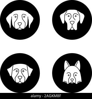 Razze di cani glifo set di icone. Il Golden Retriever, Alano, Bovaro del Bernese, Shetland Sheepdog. Vettore sagome bianche le illustrazioni in bianco e nero ci Illustrazione Vettoriale