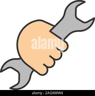 Mano che tiene la chiave icona di colore. Doppie chiavi a forchetta. Isolato illustrazione vettoriale Illustrazione Vettoriale