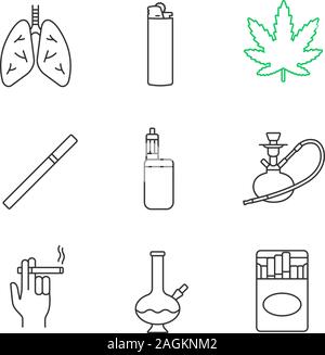 Il fumo lineari di set di icone. Polmoni umani, flip più leggeri e foglia di marijuana, sigarette pack, narghilè, fumatore la mano, bong. Linea sottile simboli di contorno. Isolato Illustrazione Vettoriale