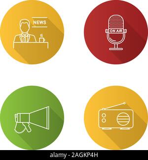 Mass media lineare piana lunga ombra set di icone. Premere il tasto. Il presentatore TV, microfono megafono, radio. Vettore illustrazione di contorno Illustrazione Vettoriale