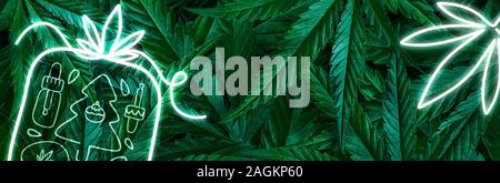 Creative Natale fluorescente layout di sfondo da foglie di canapa, marijuana e una scritta al neon dono. Piatto Banner di laici Foto Stock