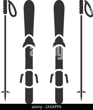 Attrezzatura da sci icona glyph. Schede di sci e racchette. Simbolo di Silhouette. Lo spazio negativo. Vettore illustrazione isolato Illustrazione Vettoriale