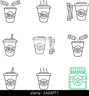 Caffè e bevande a base di tè con zucchero lineare set di icone. Detox erbe e cocktail. Linea sottile simboli di contorno. Vettore isolato illustrazioni di contorno Illustrazione Vettoriale