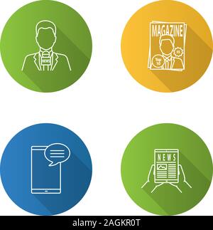 Mass media lineare piana lunga ombra set di icone. Premere il tasto. Il presentatore TV, rivista, chat, giornale elettronico. Vettore illustrazione di contorno Illustrazione Vettoriale