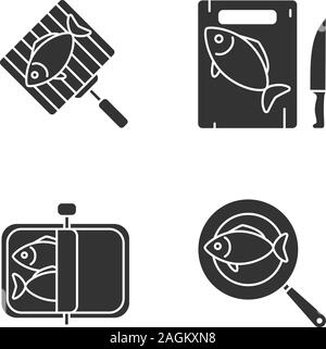 Preparazione di pesce glifo set di icone. Conserve, fritto, tagliato e grigliate di pesce. Simboli di Silhouette. Vettore illustrazione isolato Illustrazione Vettoriale