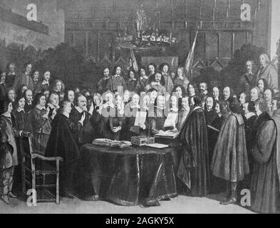 La prestazione del giuramento di ratifica del trattato di Münster in 1648, Der Vertrag von Münster oder Westfälischer Friede, Germania, stampa originale a partire dall'anno 1899, Das Schwören des Eids der Bestätigung des Vertrags Münsters 1648, Deutschland, Reproduktion einer Originalvorlage aus dem 19. Jahrhundert, digital verbessert Foto Stock