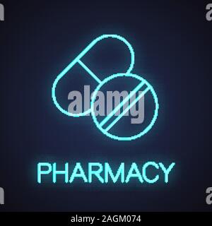 Pillole di luce al neon icona. Medications. Segno incandescente. Vettore illustrazione isolato Illustrazione Vettoriale