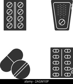 Pillole di glifi set di icone. Medications. Simboli di Silhouette. Vettore illustrazione isolato Illustrazione Vettoriale