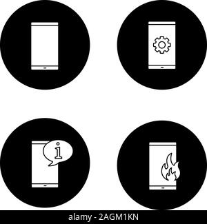 La comunicazione telefonica glifo set di icone. Smartphone, Telefono cellulare impostazioni chat info, fuoco le chiamate di emergenza. Vettore silhouette bianca illustrazioni di bla Illustrazione Vettoriale