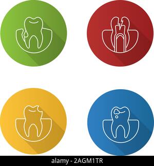 Odontoiatria lineare piana lunga ombra set di icone. Stomatologia. Il sanguinamento gengivale, mal di denti, dente rotto la carie. Vettore illustrazione di contorno Illustrazione Vettoriale