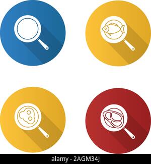 Padelle design piatto lungo ombra glifo set di icone. La frittura di pesce, uova e carne bistecca. Vettore illustrazione silhouette Illustrazione Vettoriale