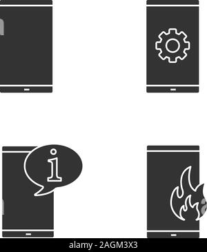 La comunicazione telefonica glifo set di icone. Smartphone, Telefono cellulare impostazioni chat info, fuoco le chiamate di emergenza. Simboli di Silhouette. Vettore illustrat isolato Illustrazione Vettoriale