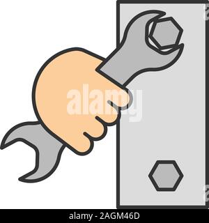 Mano che tiene la chiave icona di colore. Doppie chiavi a forchetta girando la vite. Isolato illustrazione vettoriale Illustrazione Vettoriale