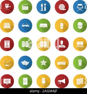 Cinema design piatto lungo ombra glifo set di icone. Movie Theater. Attrezzature, servizio, premi. Vettore illustrazione silhouette Illustrazione Vettoriale