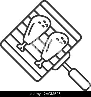 Grill a mano con le cosce di pollo icona lineare. Linea sottile illustrazione. Tacchino alla griglia cosce di pollo disossate. Simbolo di contorno. Il vettore isolato disegno di contorno Illustrazione Vettoriale