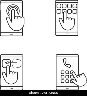 Touchscreen dello smartphone lineare set di icone. Tocca due volte toccare e trascinare il gesto, numeri telefonici, tastierino. Linea sottile simboli di contorno. Vettore isolato o Illustrazione Vettoriale